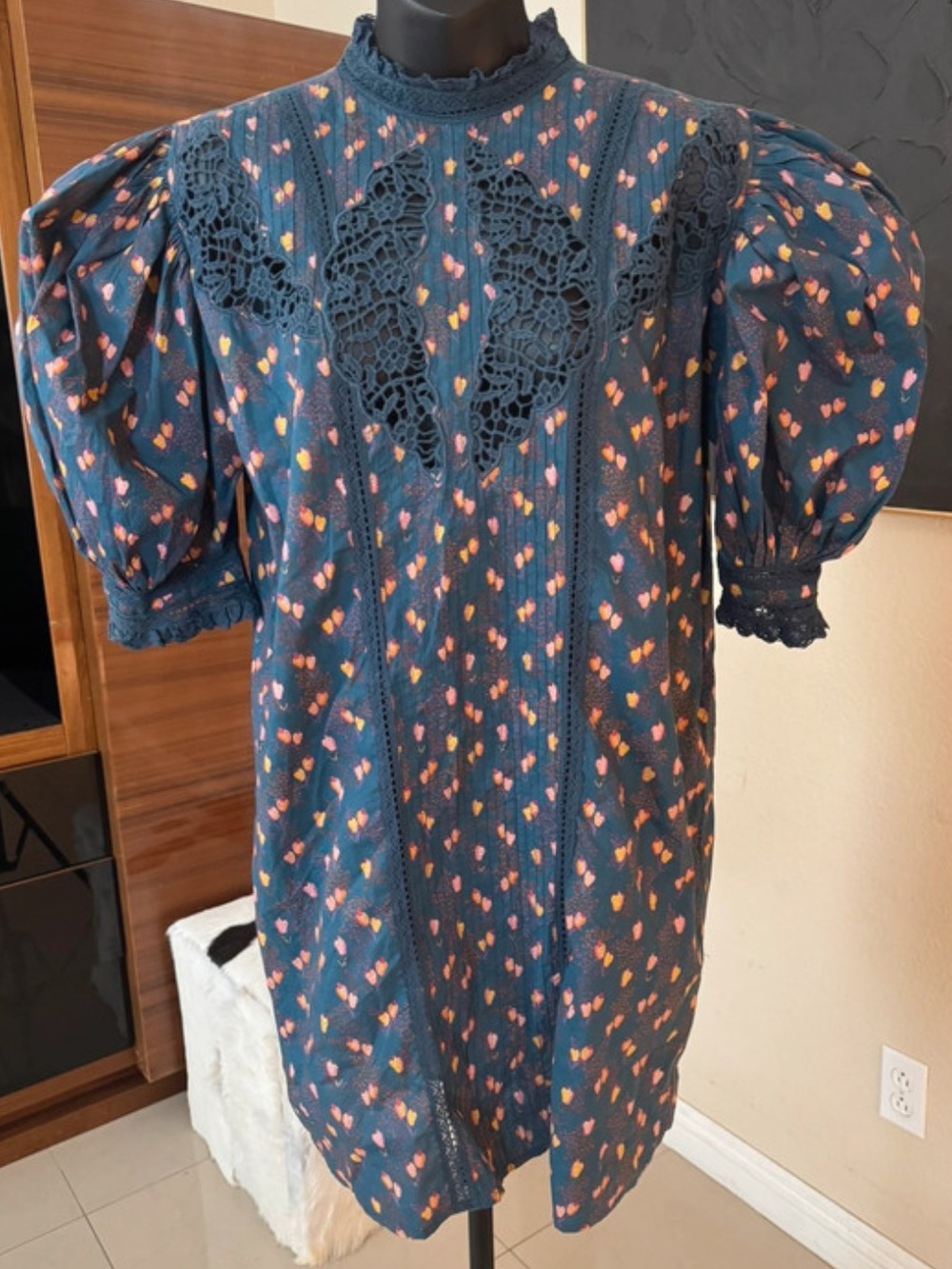 FARM Rio Navy Puff-Sleeve Dress with Pink and Orange Heart Print
